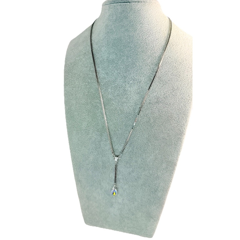 Swarovski Swan Signed Silver Tone AB Crystal Y Teardrop Lariat Necklace - Picture 12 of 16